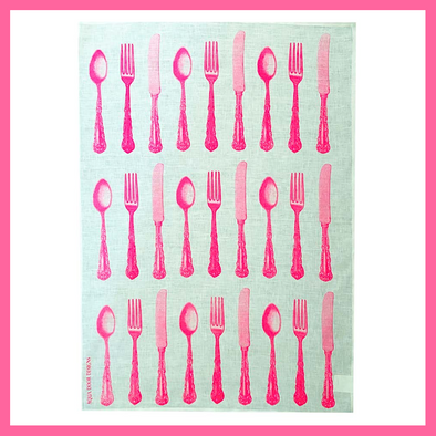 Pink Cutlery Linen Hand Printed Tea Towel