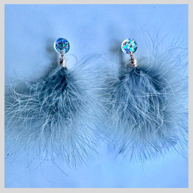 Powder Puff Feather Earrings - Silver Grey