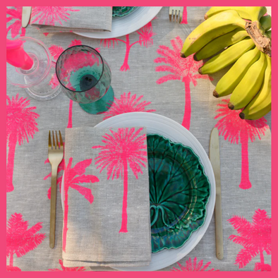 Neon Pink Palms Handprinted Linen Tablecloth 350cm