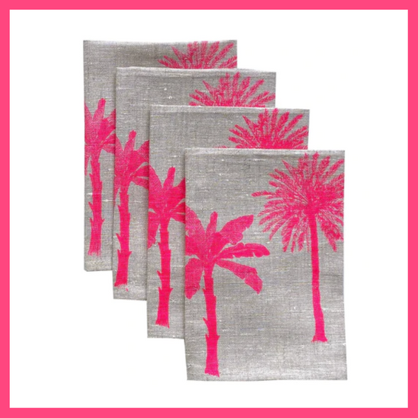 Neon Pink Palms Handprinted Linen Napkins