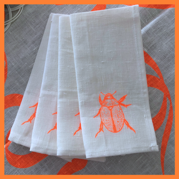 Neon Orange Beetle Handprinted Napkins