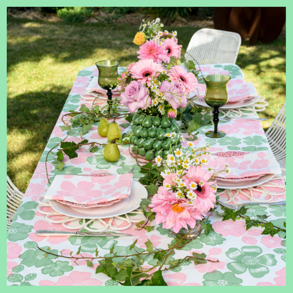 Pink & Green Daisy Handprinted Linen Tablecloth