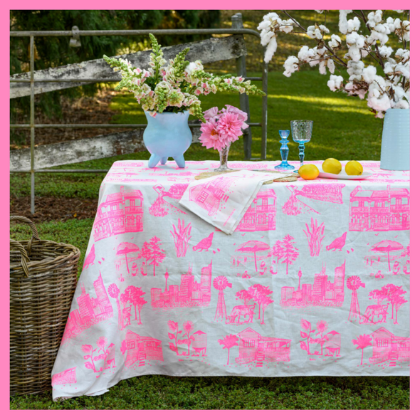 Pink Bush & the Big Smoke Handprinted Linen Tablecloth
