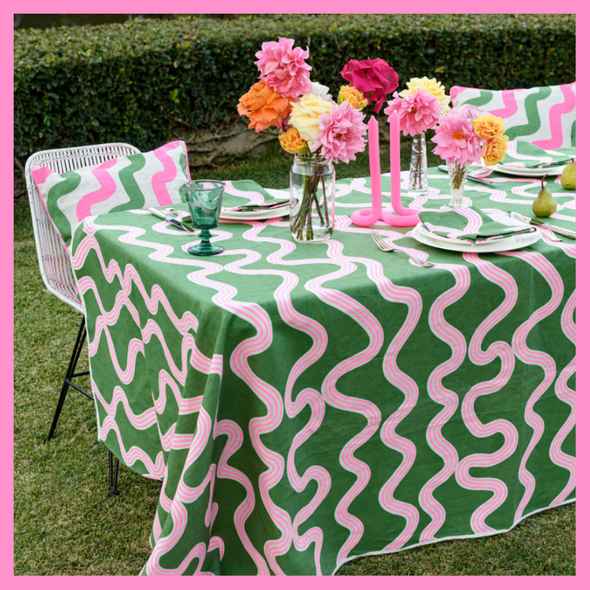 Green & Bright Pink Spaghetti Handprinted Linen Tablecloth