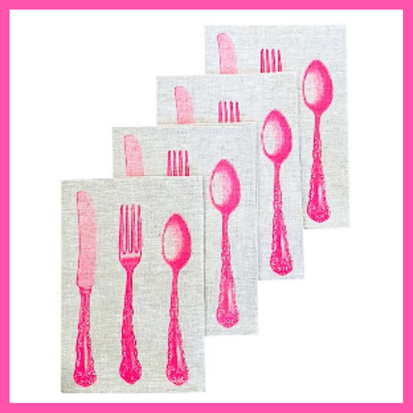 Neon Pink Cutlery Hand Printed Linen Napkins