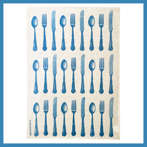 Blue Cutlery Linen Hand Printed Tea Towel