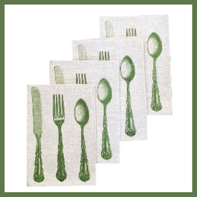 Olive Green Cutlery Hand Printed Linen Napkins