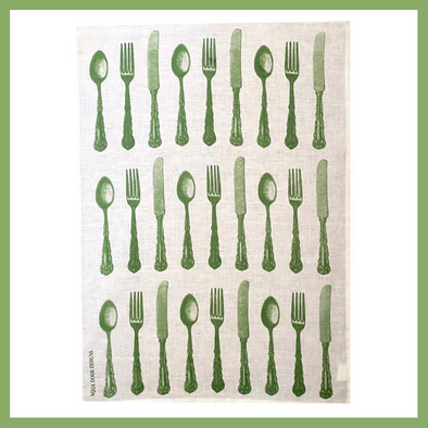 Olive Green Cutlery Linen Hand Printed Tea Towel