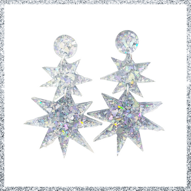 Silver Iridescent Glitter Star Earrings
