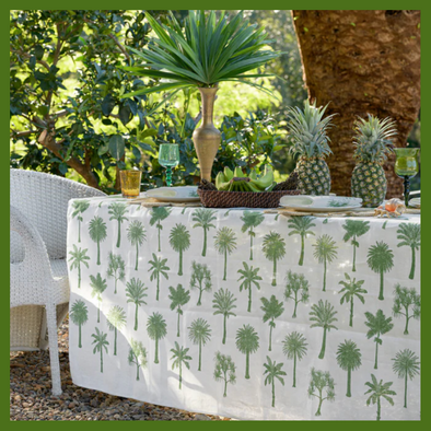 Green Palms Handprinted Linen Tablecloth
