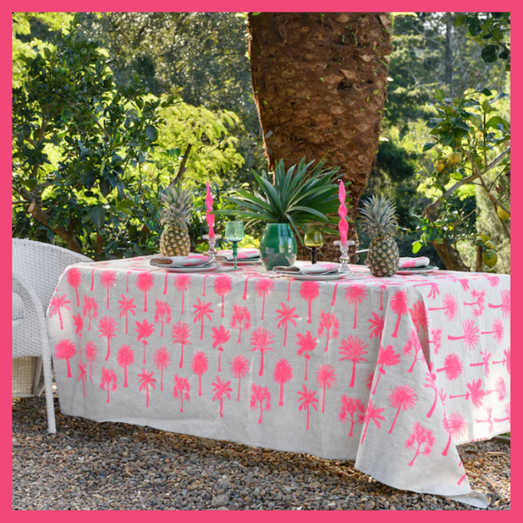 Neon Pink Palms Handprinted Linen Tablecloth