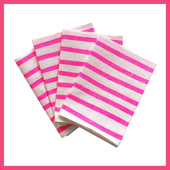 Highlighter Pink Stripe Handprinted Linen Napkins