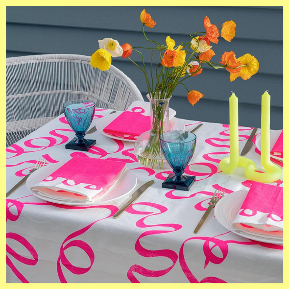 Highlighter Pink Ribbon Handprinted Tablecloth