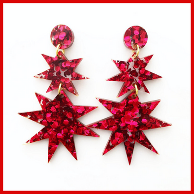 Red Glitter Stars Earrings